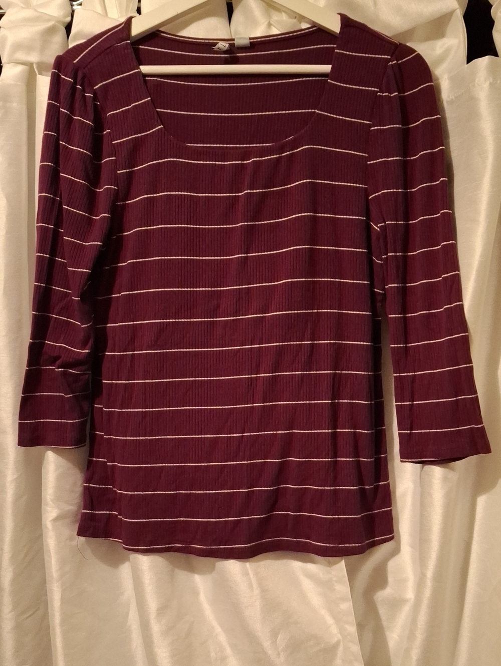 Elle Burgundy and White Striped Square Neck 3/4 Sleeve Top - Picture 1 of 9